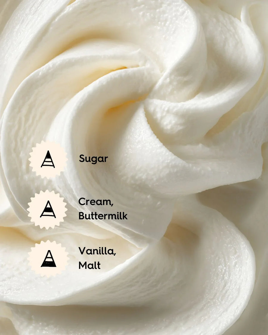 Close-up of whipped cream swirl texture with text highlighting sugar, cream, buttermilk, vanilla, malt fragrance notes