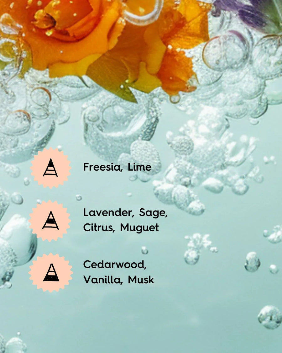 Orange rose in water with bubbles, fragrance notes of freesia, lime, lavender, cedarwood.