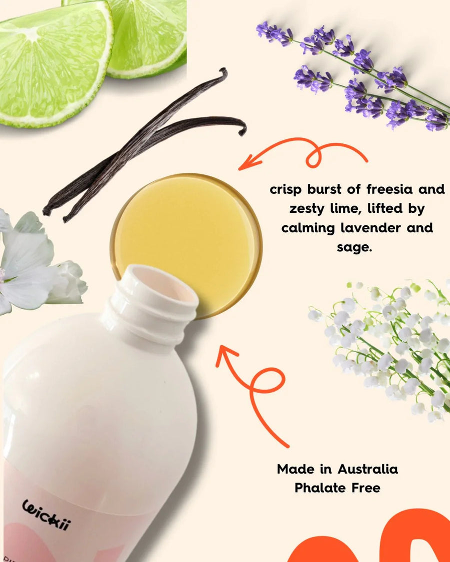Fragrance oil bottle with lime, lavender, vanilla, freesia and lily for candle making.