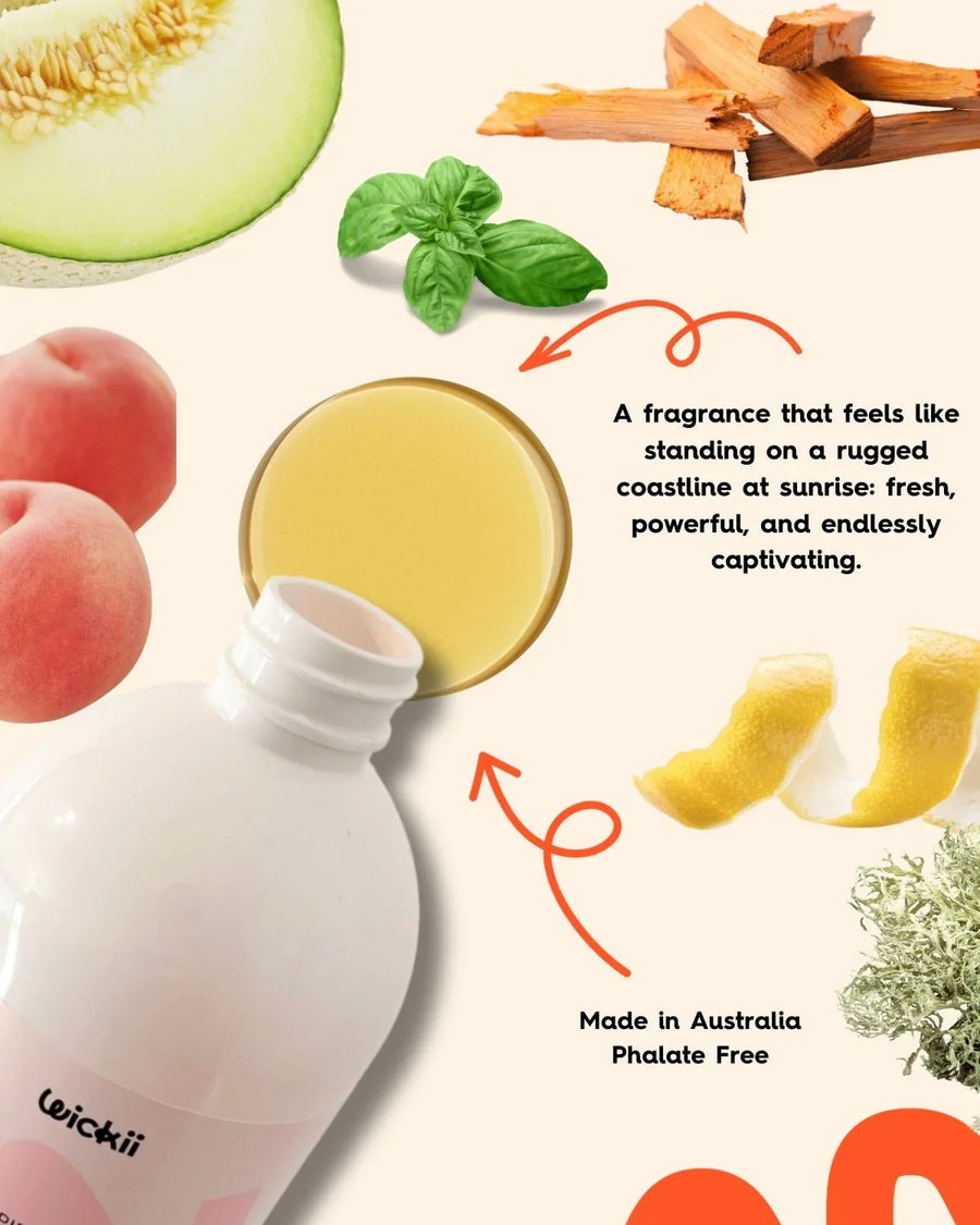 Fragrance oil bottle with notes of melon, peach, basil, lemon peel, wood, and moss.