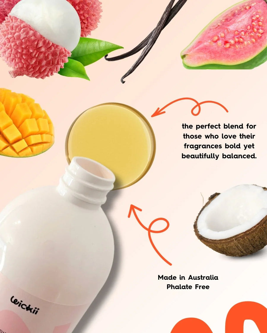 Fragrance oil bottle with lychee, mango, guava, coconut and vanilla, Australian made.