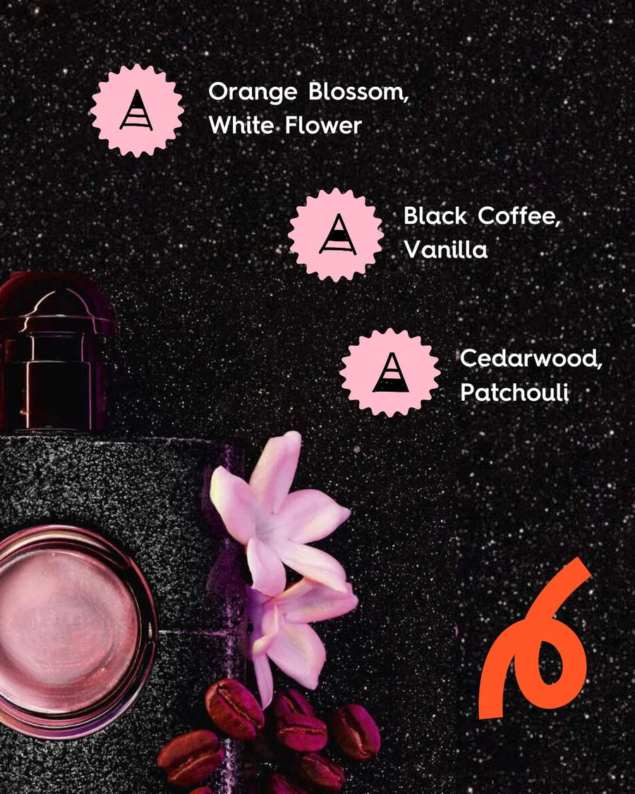 Black perfume bottle with pink flowers and coffee beans on black background, scent notes listed: Orange Blossom, White Flower, Black Coffee, Vanilla, Cedarwood, Patchouli.