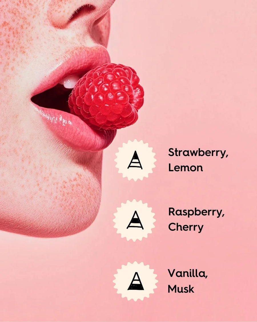 Close-up of lips with a raspberry and fragrance notes: strawberry, lemon, raspberry, cherry, vanilla, musk.