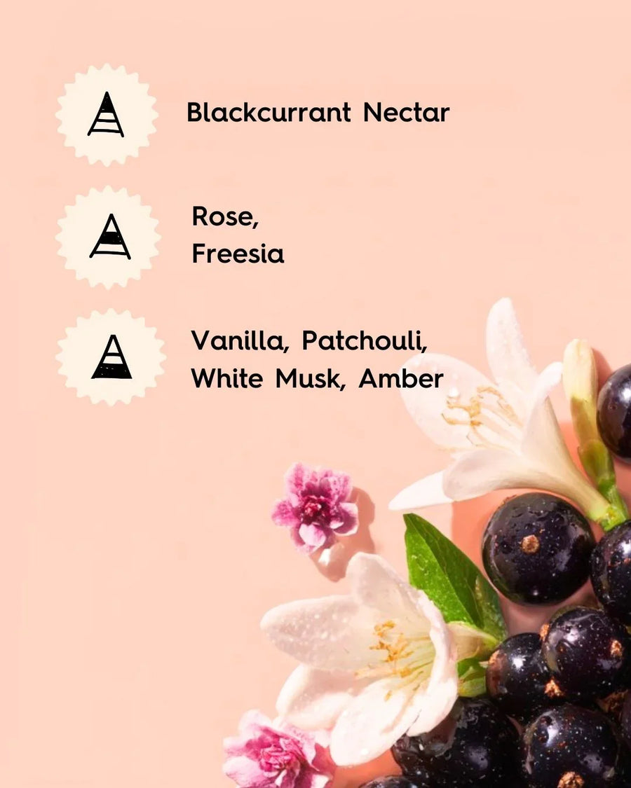 Blackcurrant, white and pink flowers with fragrance notes: rose, vanilla, musk, amber.
