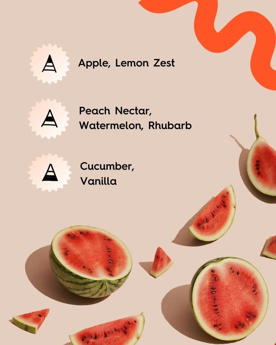 Watermelon halves and slices with text listing apple, lemon zest, peach nectar, rhubarb, cucumber, vanilla fragrance notes on a beige background.