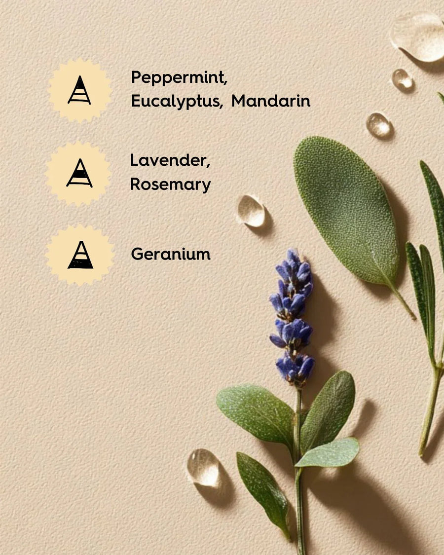 Lavender, geranium, and eucalyptus botanicals with water drops and essential oil blend list on beige background