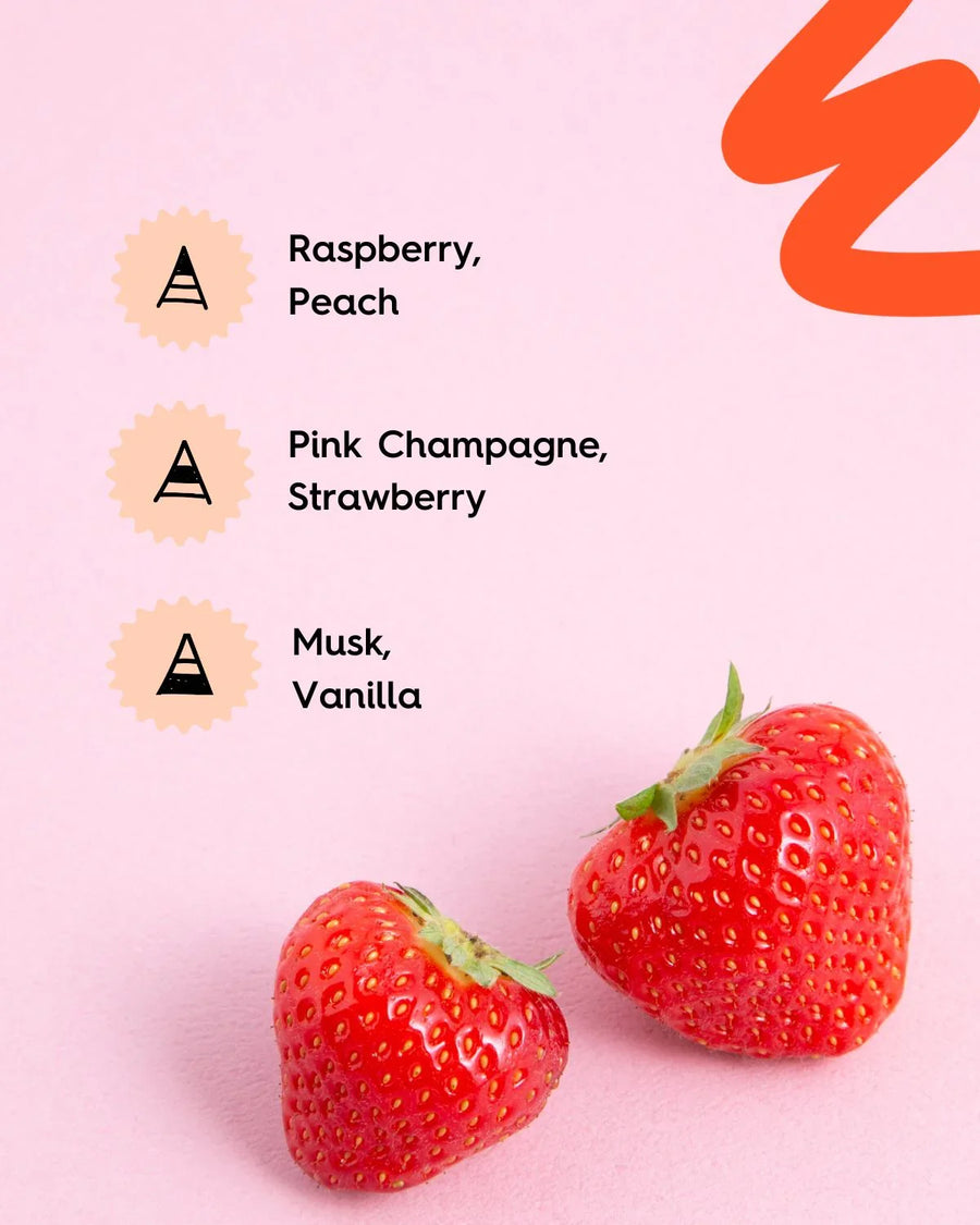 Two fresh strawberries on a pink background with fragrance notes list including raspberry, peach, pink champagne, musk, and vanilla.