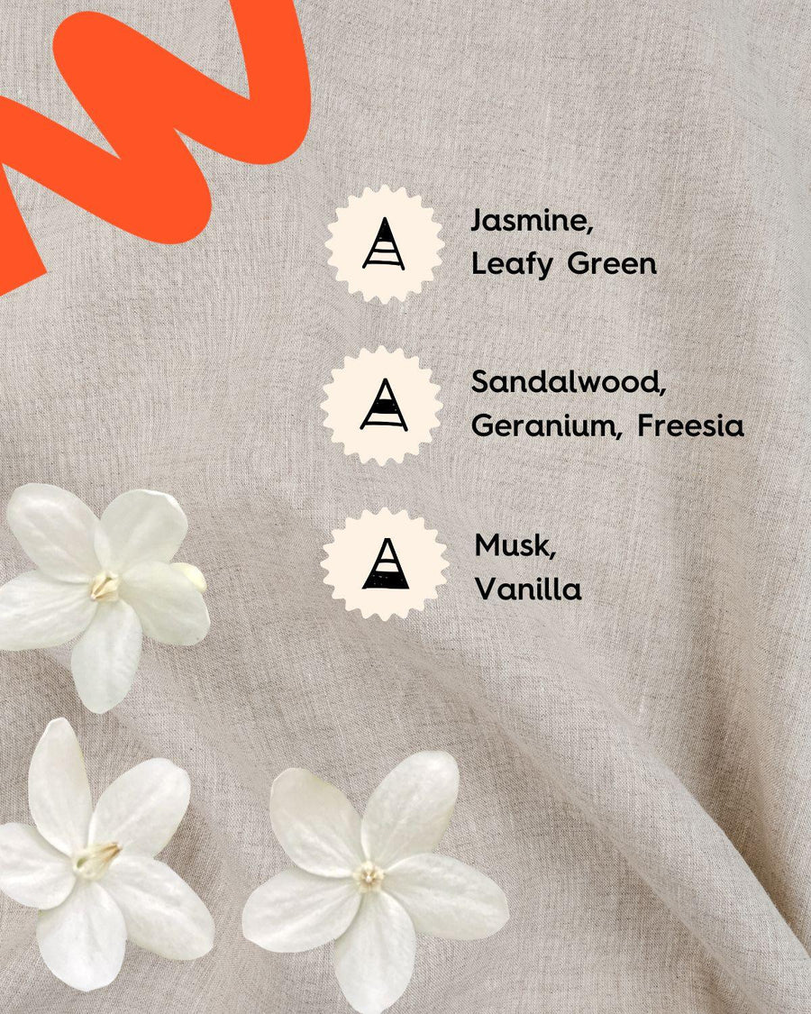 Jasmine flowers on beige fabric with fragrance notes of floral, sandalwood, musk, and vanilla.