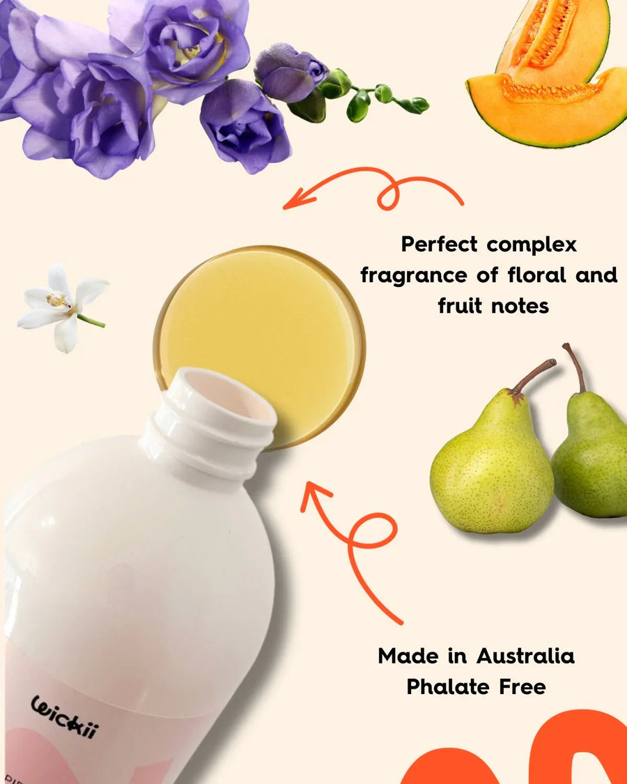 Bottle of fragrance oil with floral and fruity notes, featuring violet flowers, pear, melon, text highlights complex scent, made in Australia, phthalate free.