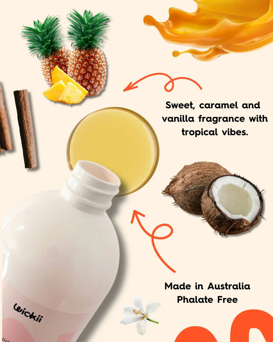 Candle fragrance oil bottle with pineapple, coconut, vanilla, caramel, cinnamon, and floral accents