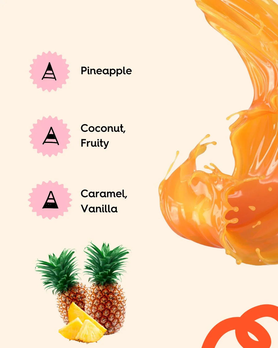 Pineapples and caramel splash with text listing pineapple, coconut, fruity, caramel, vanilla scents.