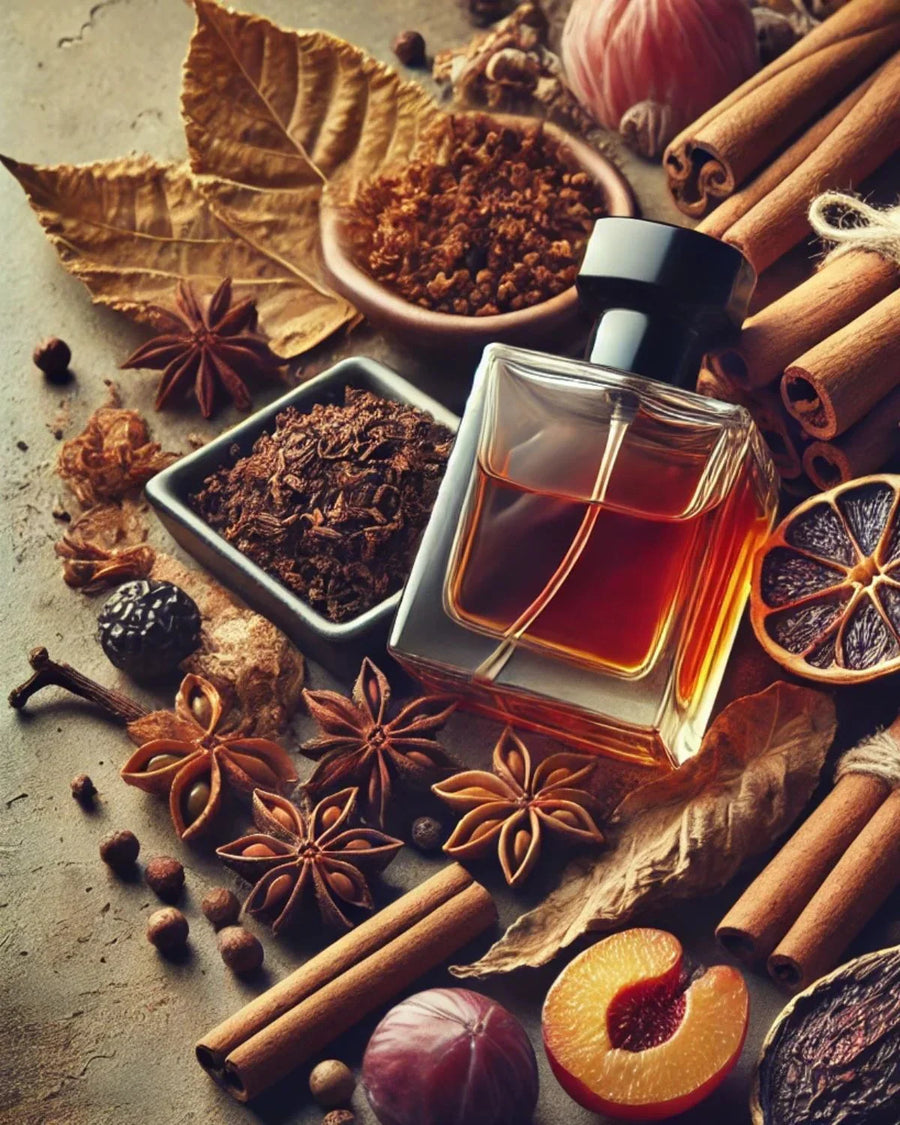 Fragrance oil bottle with cinnamon sticks, star anise, dried fruit, spices, and botanicals