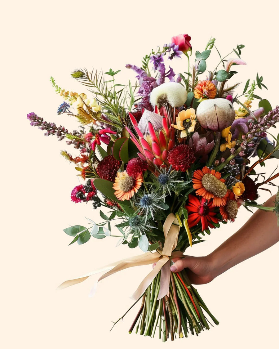Hand holding a colorful mixed flower bouquet with ribbon against a plain background.