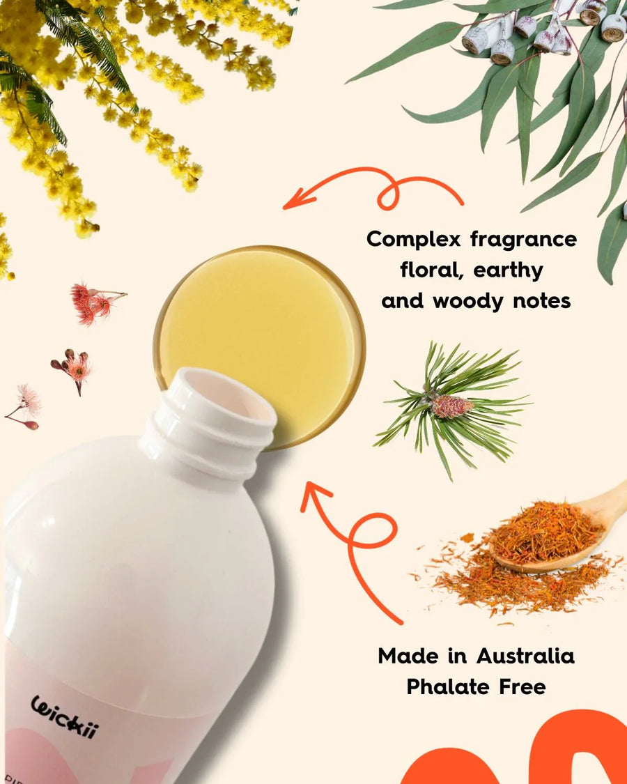 Australian fragrance oil bottle with yellow liquid, floral, woody, earthy scent notes, phthalate free.