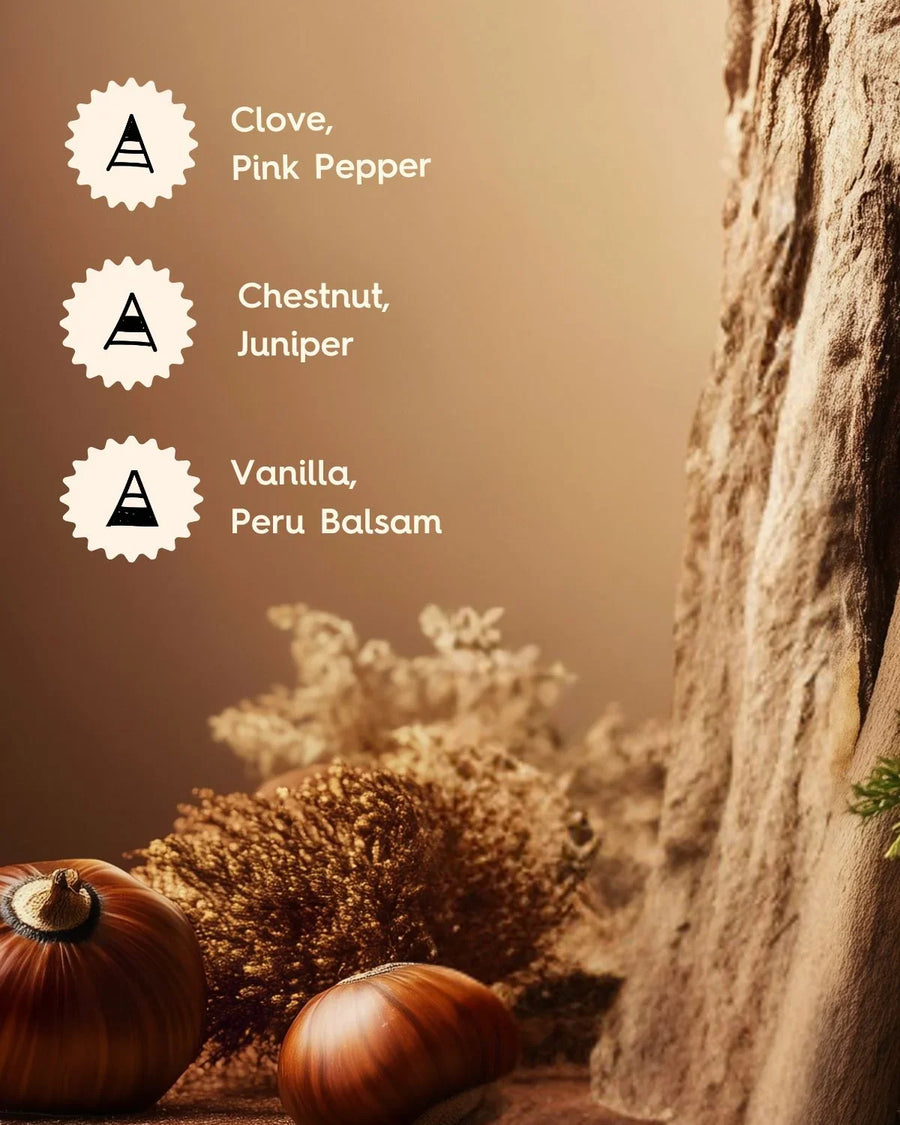 Natural brown setting with chestnuts, dried botanicals, and scent notes for candle making: clove, pink pepper, chestnut, juniper, vanilla, Peru balsam.