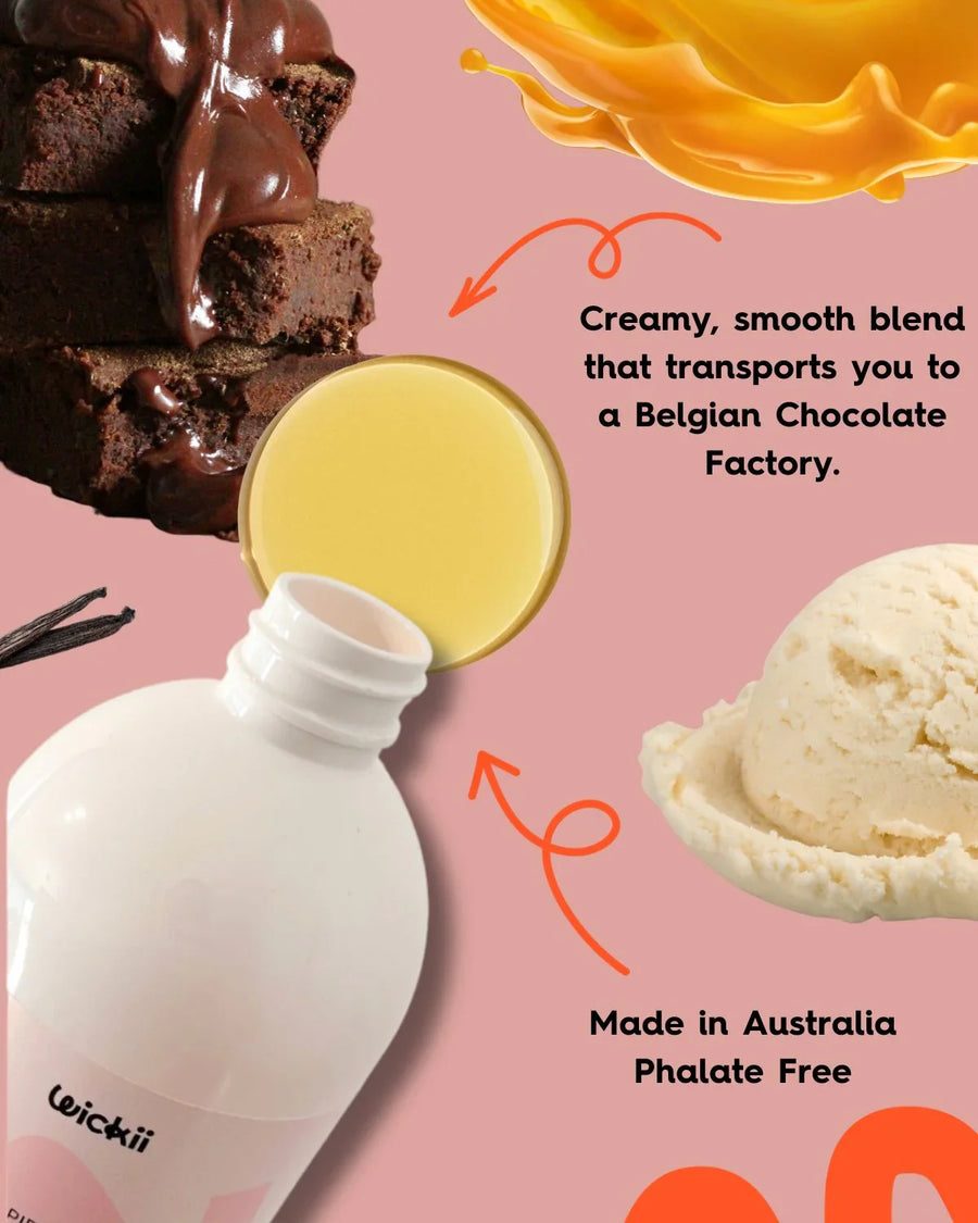 Fragrance oil bottle with chocolate brownies, vanilla ice cream, and caramel swirl, candle making supplies.