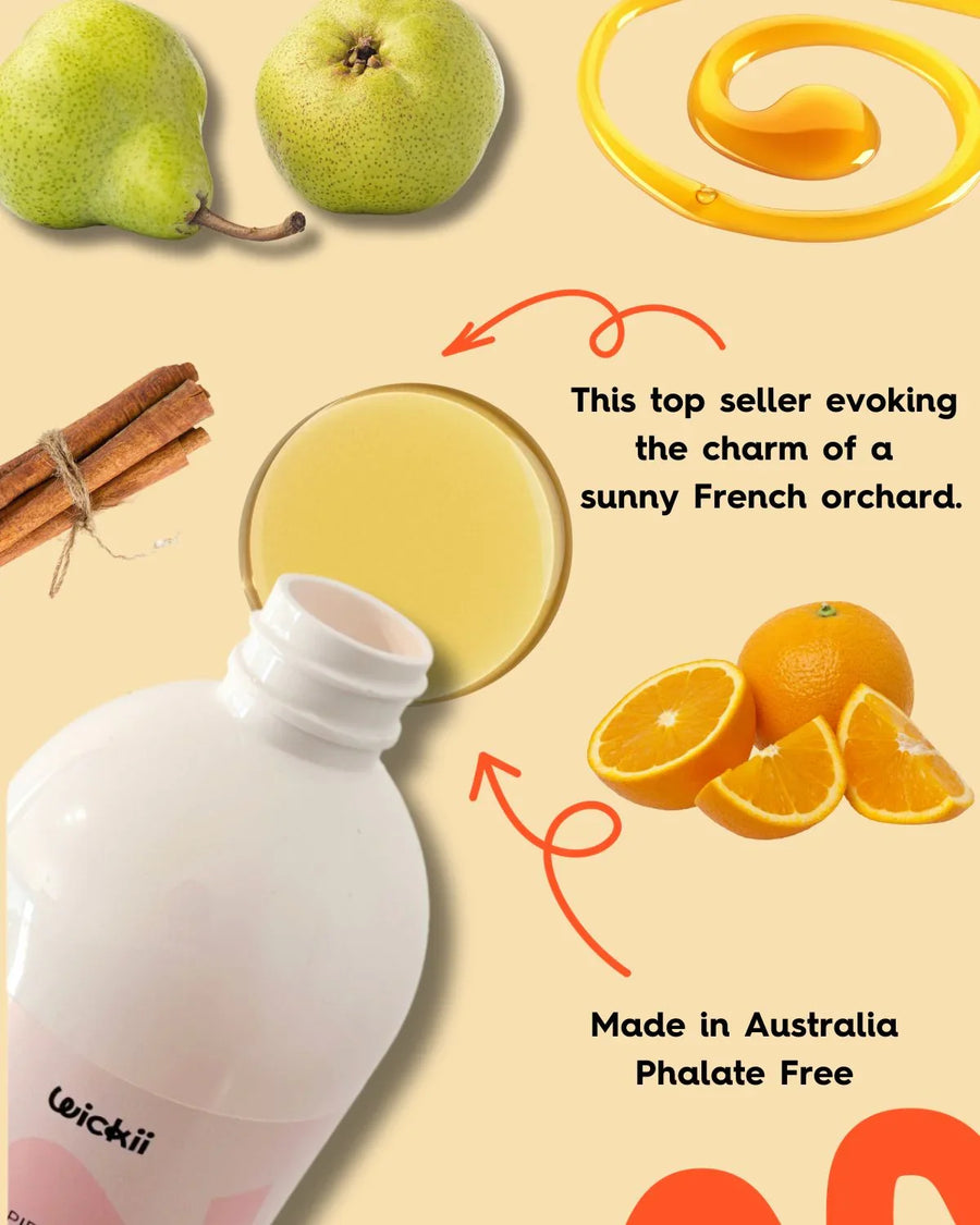 Fragrance oil bottle with pears, oranges, cinnamon sticks, and a swirl of golden liquid.