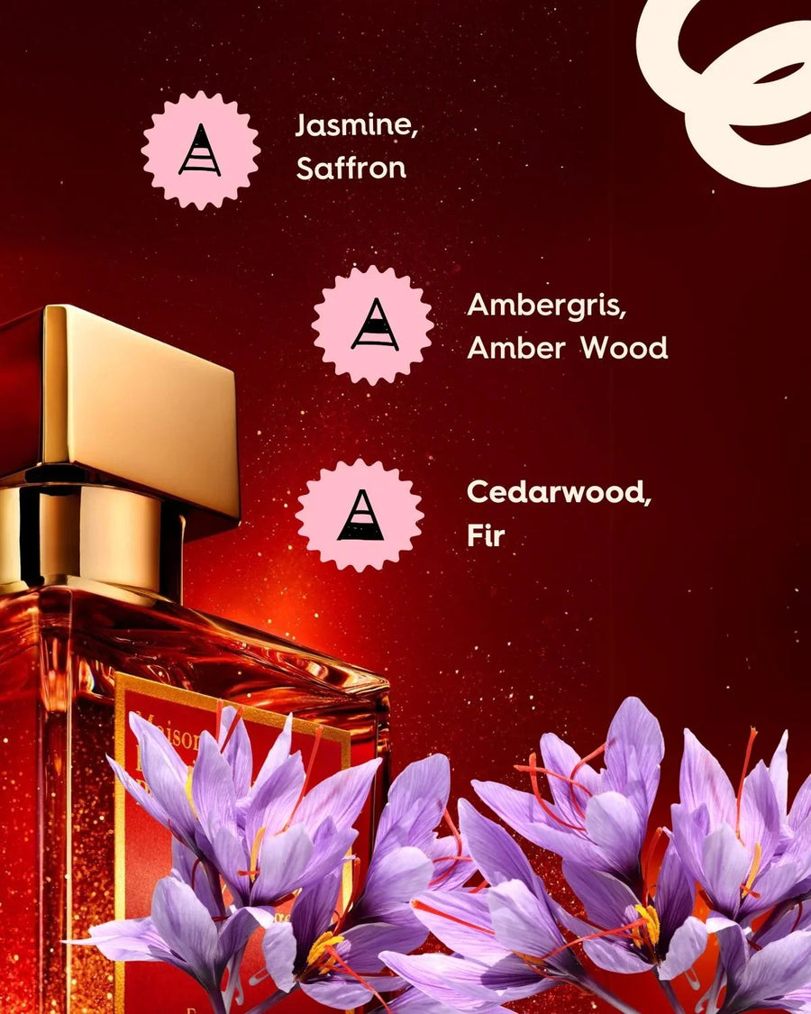 Luxury fragrance bottle with saffron flowers on red background, scent notes jasmine, amber, cedarwood.