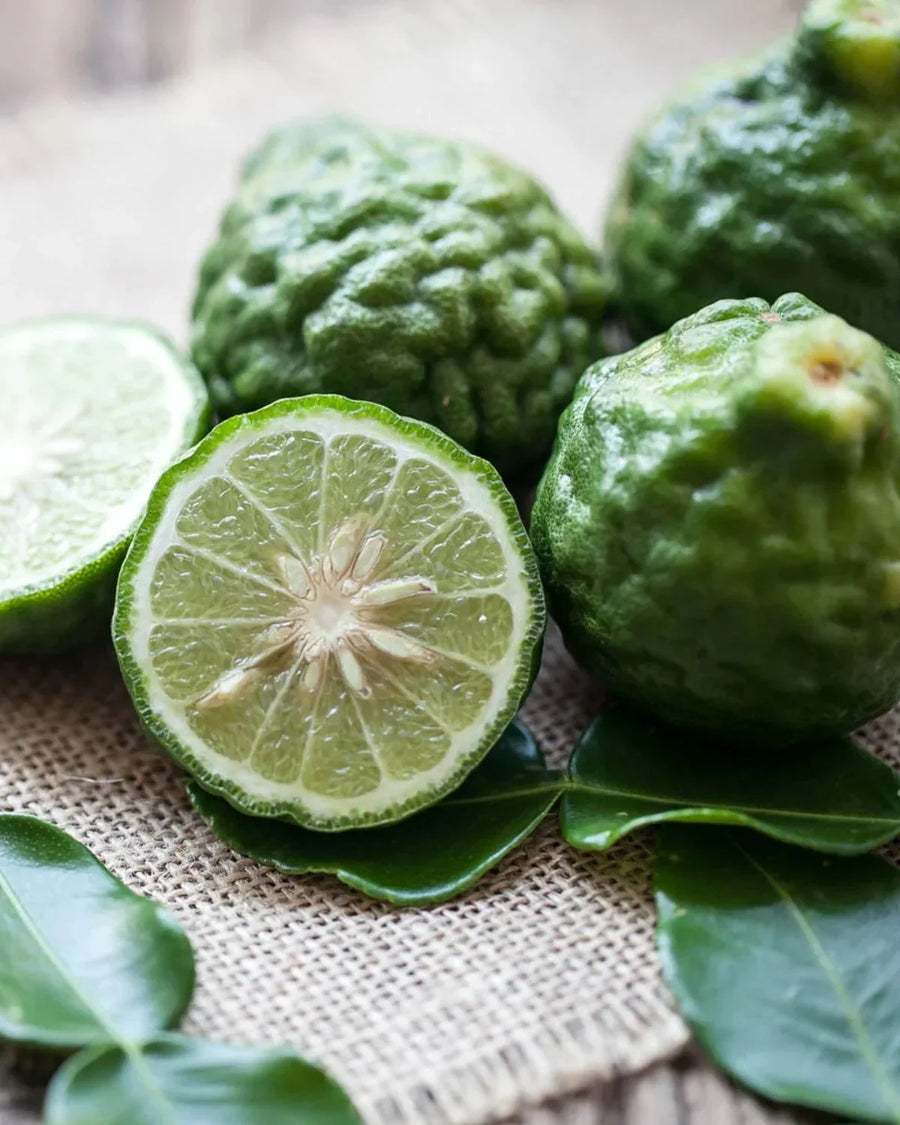 Fresh bergamot fruits and leaves on a rustic surface, close-up, citrus fragrance oil inspiration