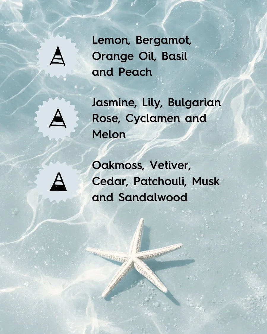 Starfish on blue water background with fragrance notes of lemon, jasmine, oakmoss and sandalwood.