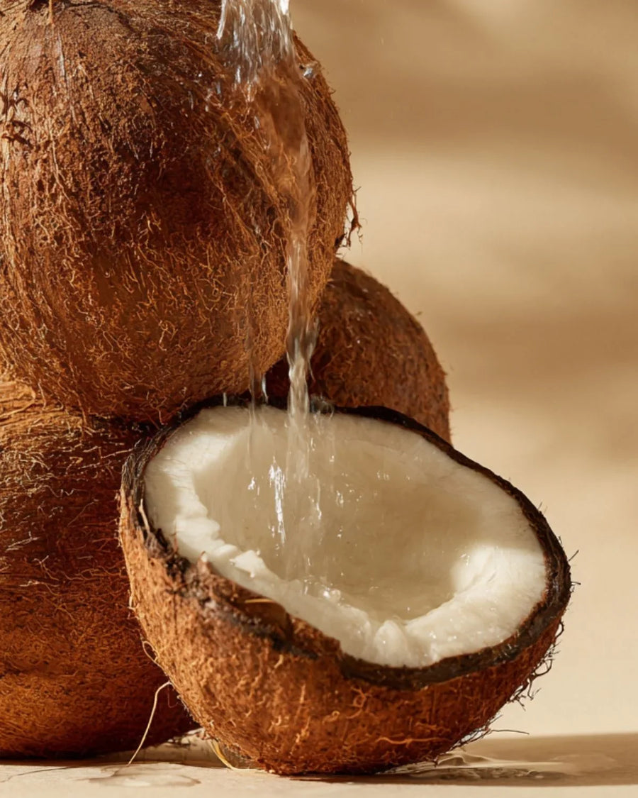 Fresh coconut halves with water pouring over, highlighting natural coconut texture
