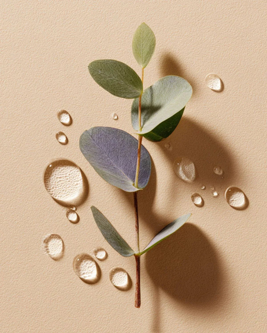 Eucalyptus branch with water droplets on beige background, ideal for essential oil or fragrance products.