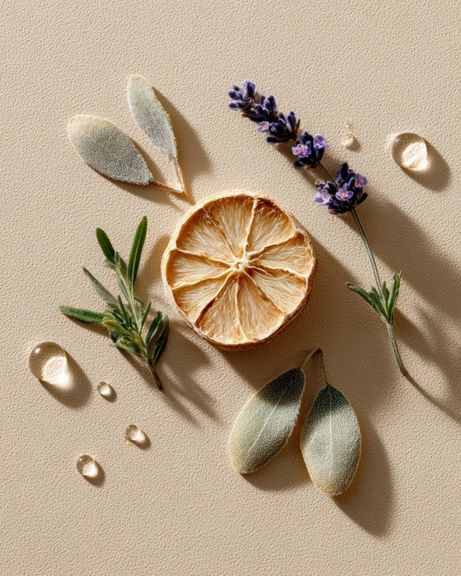 Lavender sprig, dried citrus slice, sage and rosemary leaves with water drops on beige surface