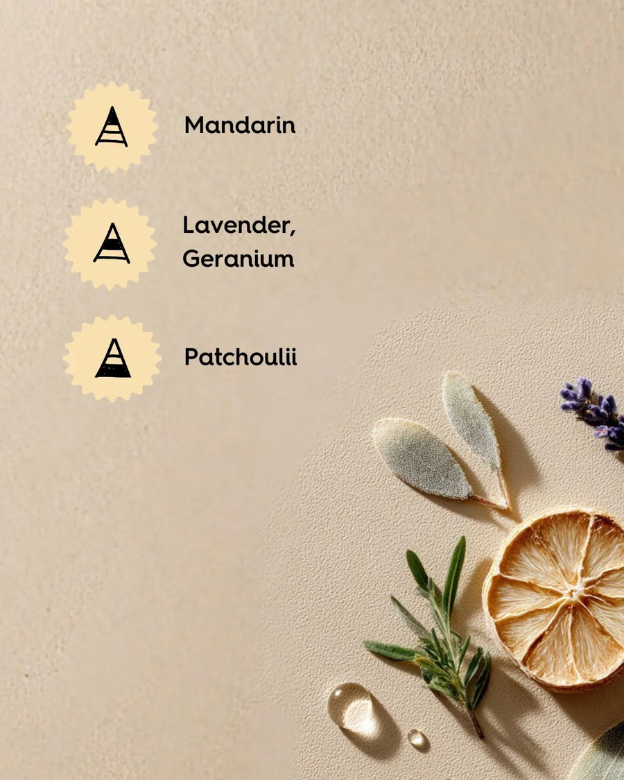 Mandarin, lavender, geranium, patchouli aromatherapy notes with citrus slice and herbs