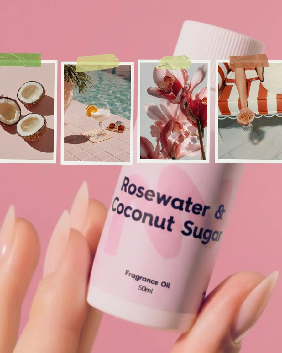 Rosewater and coconut sugar fragrance oil bottle with tropical and floral mood photos on pink background.