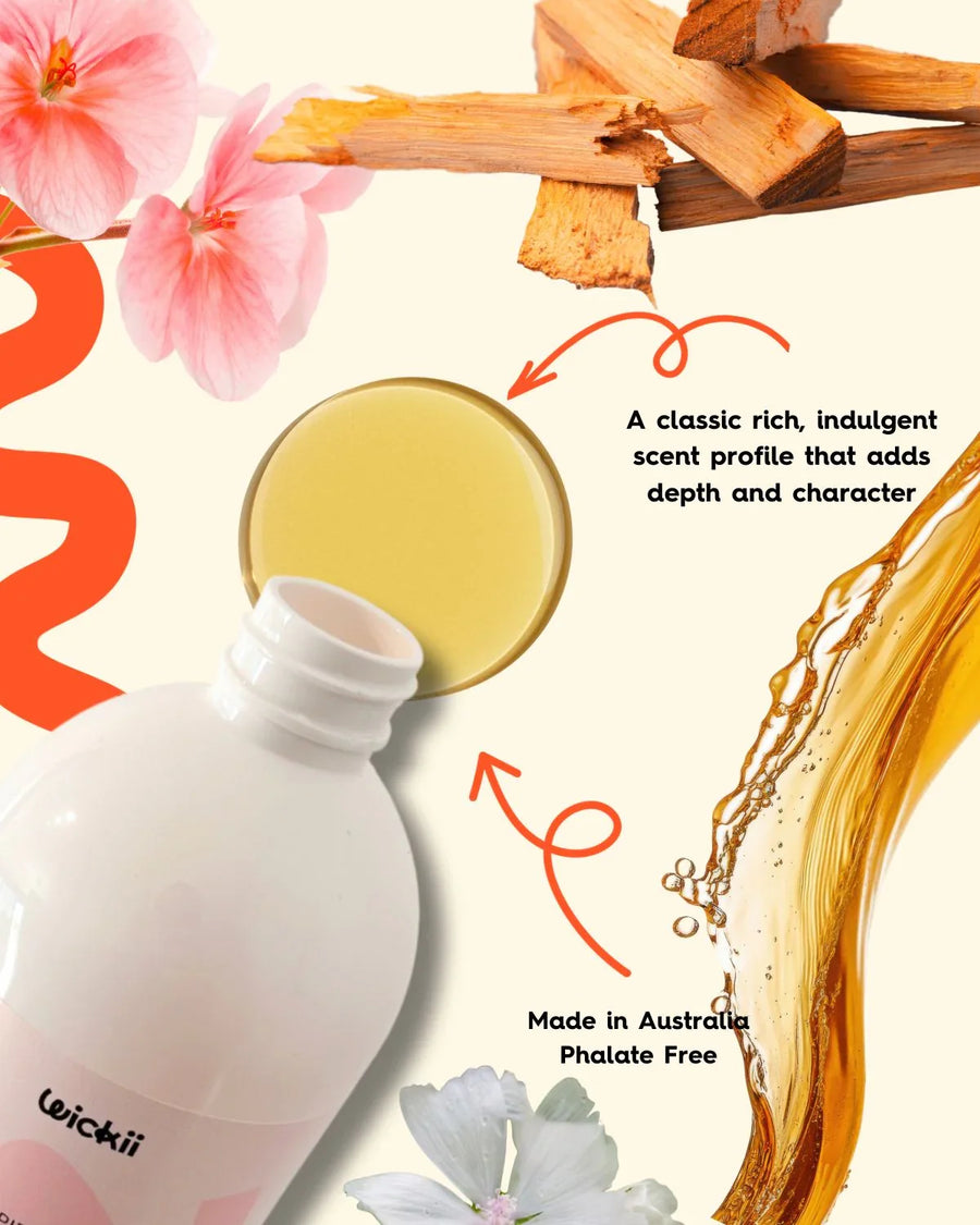 Sandalwood fragrance oil with sandalwood chips, floral accents, and golden oil pour
