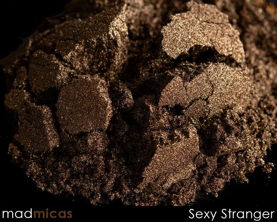 Shimmery brown mica powder for candle and soap making, labeled Sexy Stranger by madmicas.