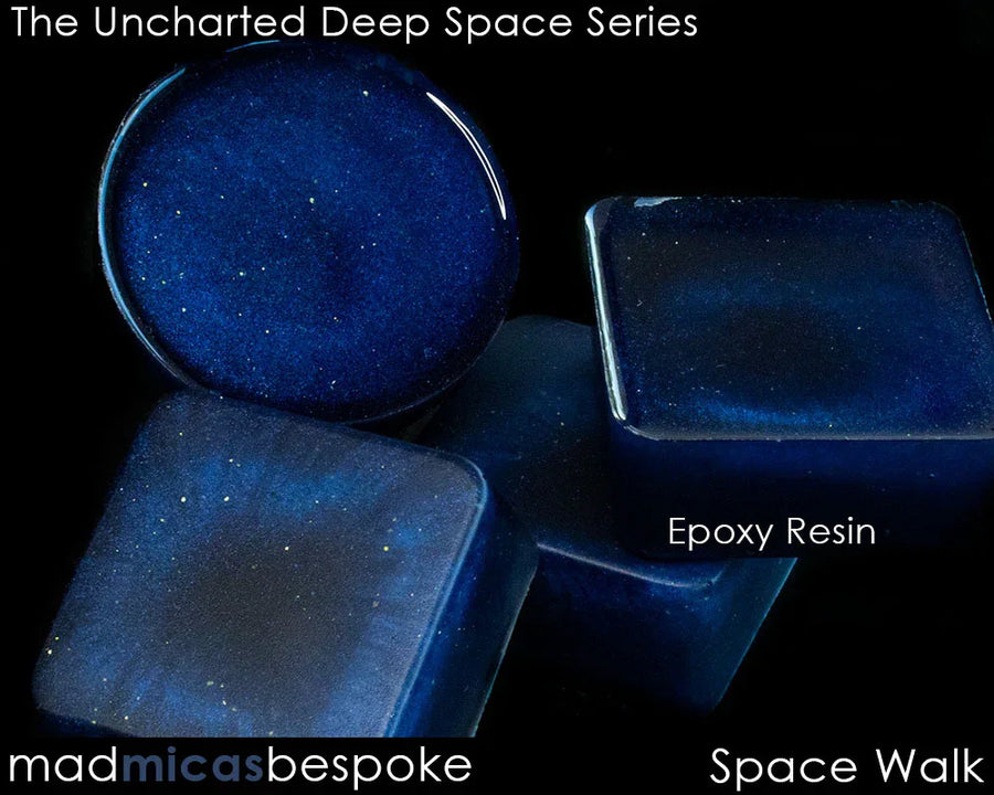 Deep blue mica epoxy resin samples with subtle shimmer, labeled Space Walk from Uncharted Deep Space Series.