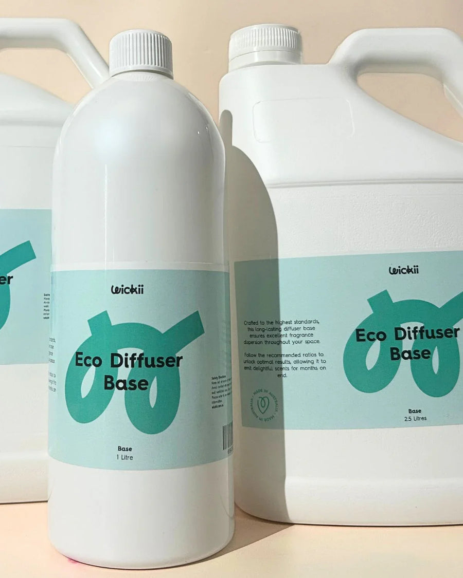 Eco diffuser base bottles in various sizes, fragrance oil supplies for DIY diffusers