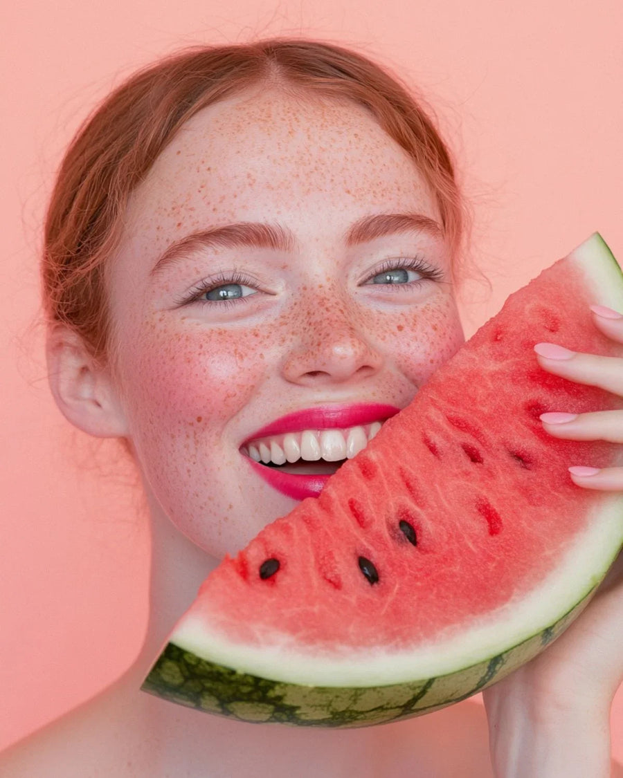 Smiling woman with freckles holding a slice of fresh watermelon against a pink background.