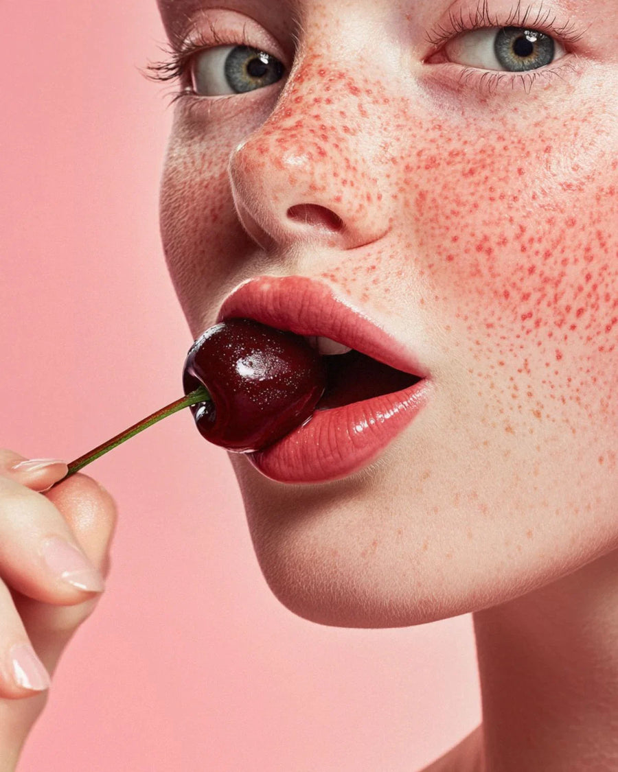 Close-up of woman with freckles holding cherry near lips against pink background