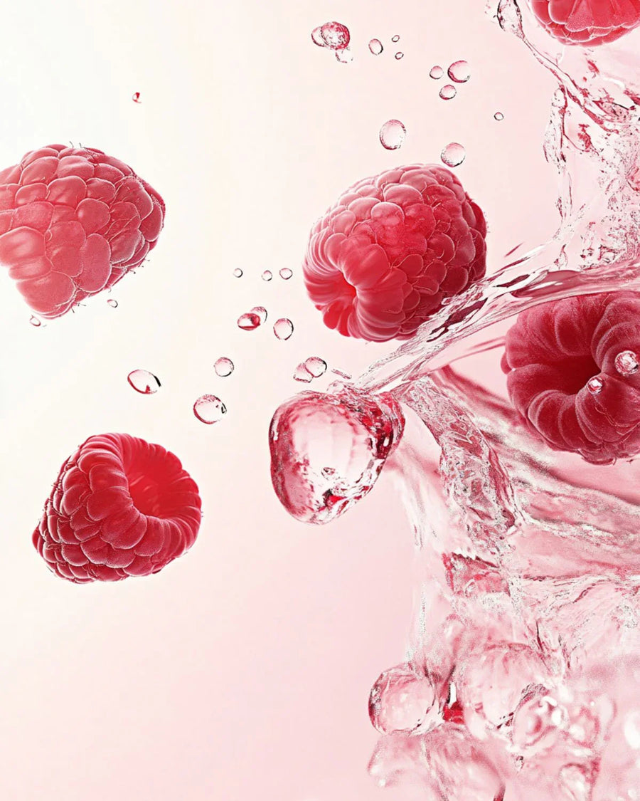 Fresh raspberries with water splash and droplets on a soft pink background