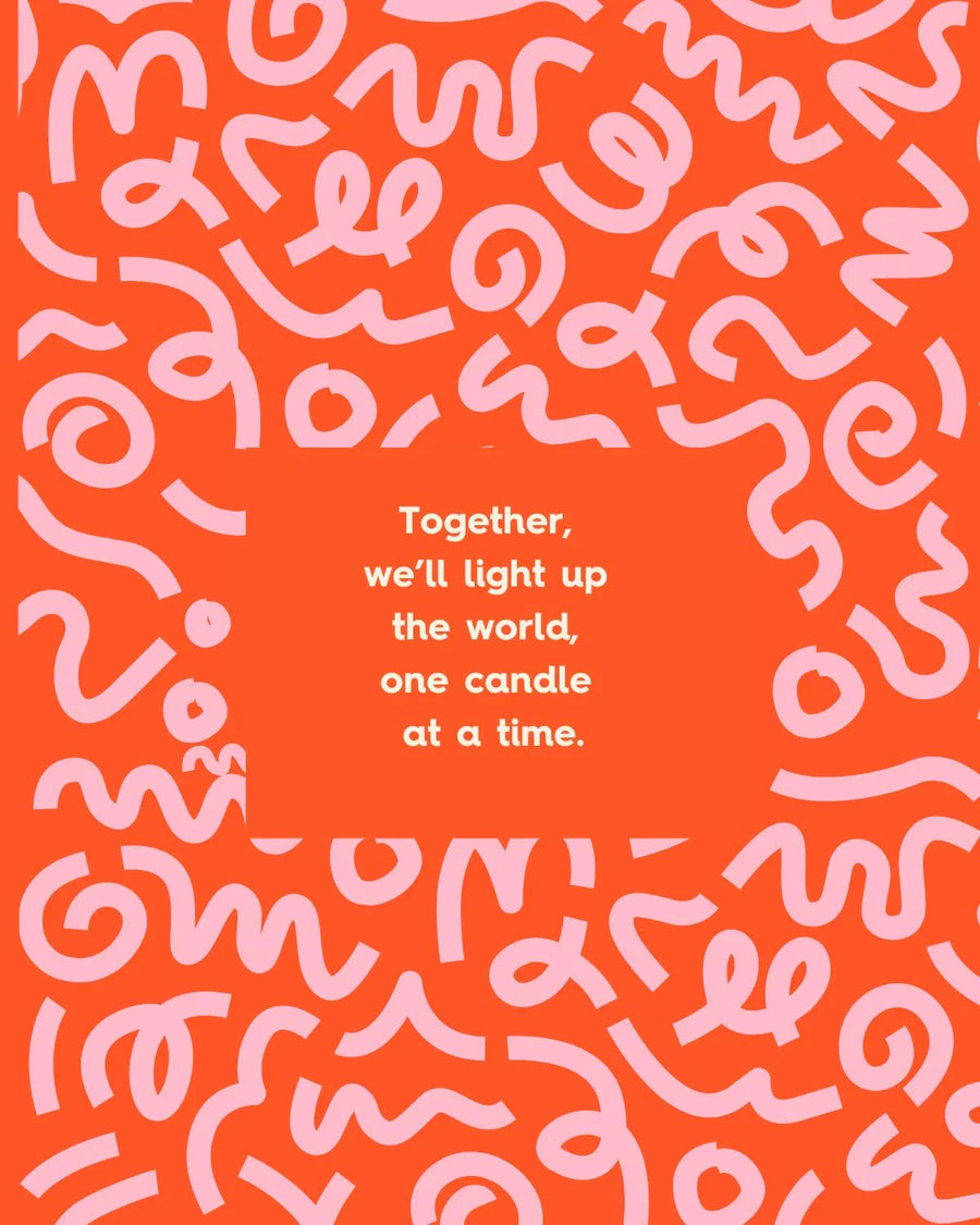 Bright orange background with pink abstract swirls and inspirational candle making quote in center.