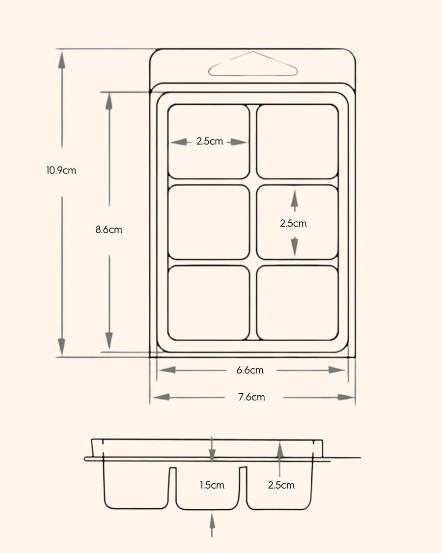 Clamshell wax melt mold diagram with labeled measurements in centimeters, six-cavity layout.