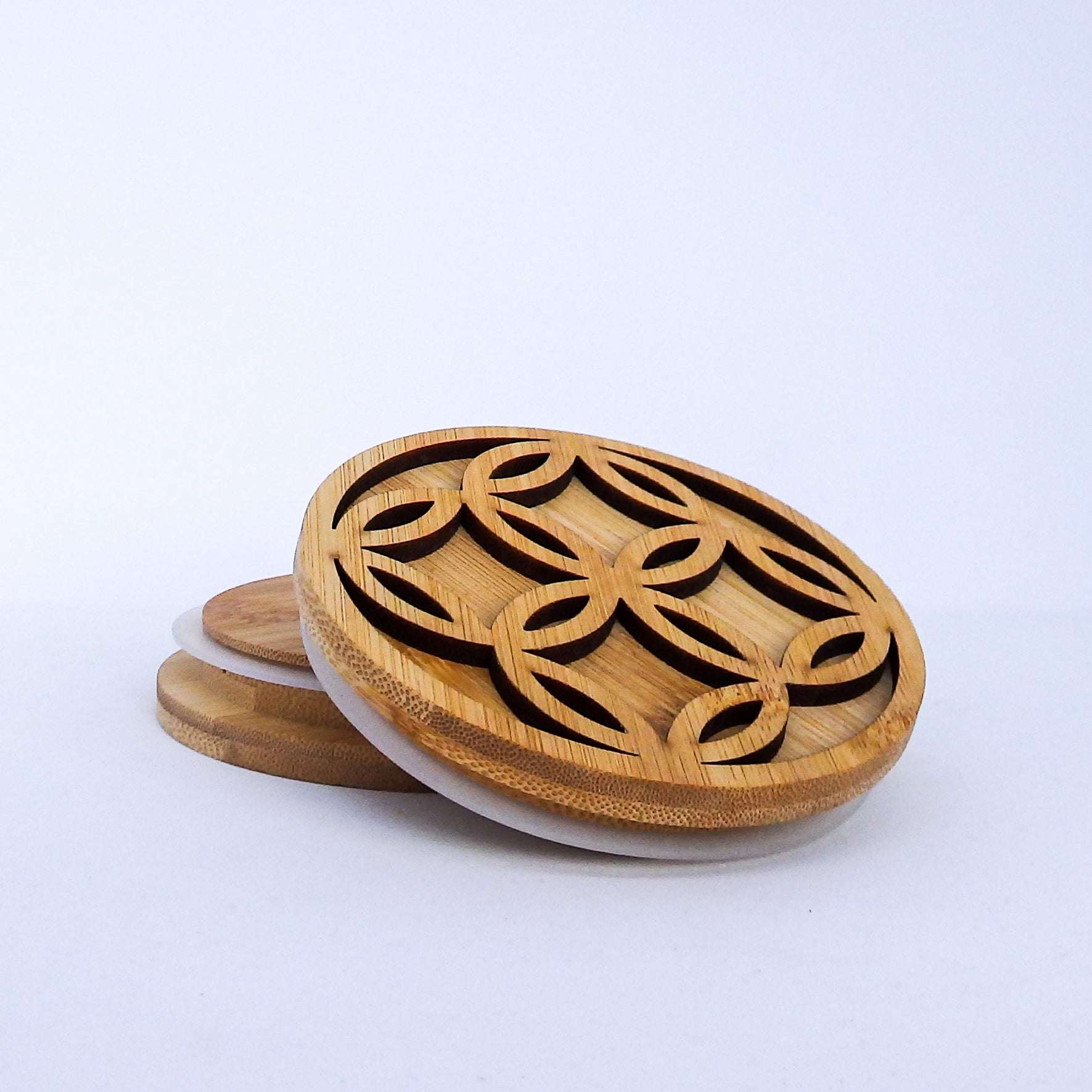 Flower Cut Bamboo Lids - Large - Natural Varnished